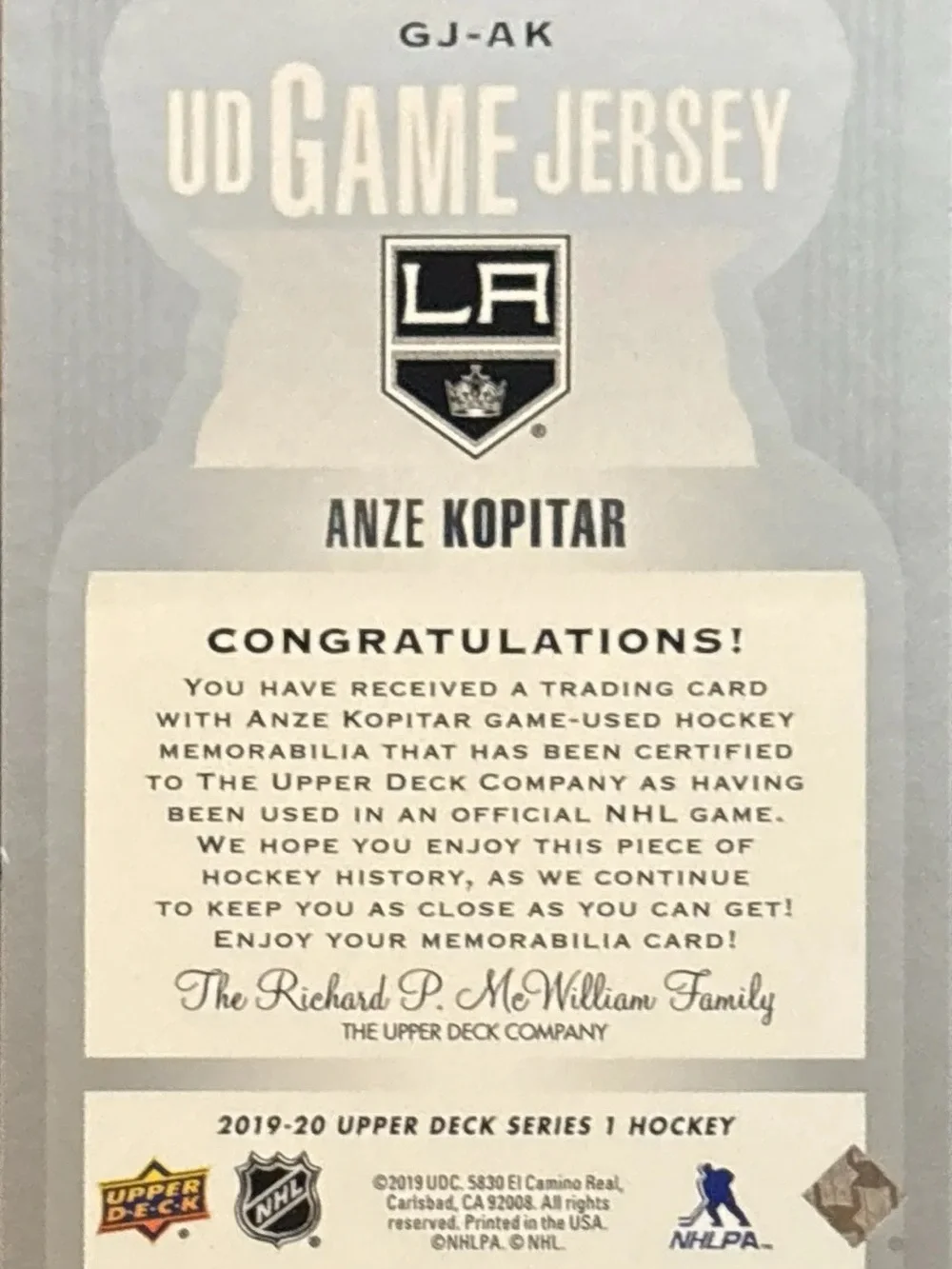 Upper Deck UD Game Jersey Memorabilia Trading Card- Anze Kopitar